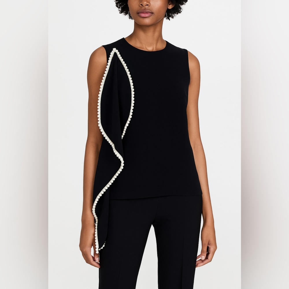 Alexis Black Sleeveless Blouse with White Pom Pom Ruffle Embellishment Small